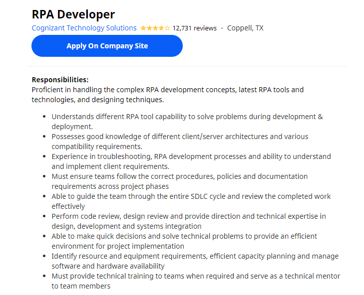 RPA Developer Job in US