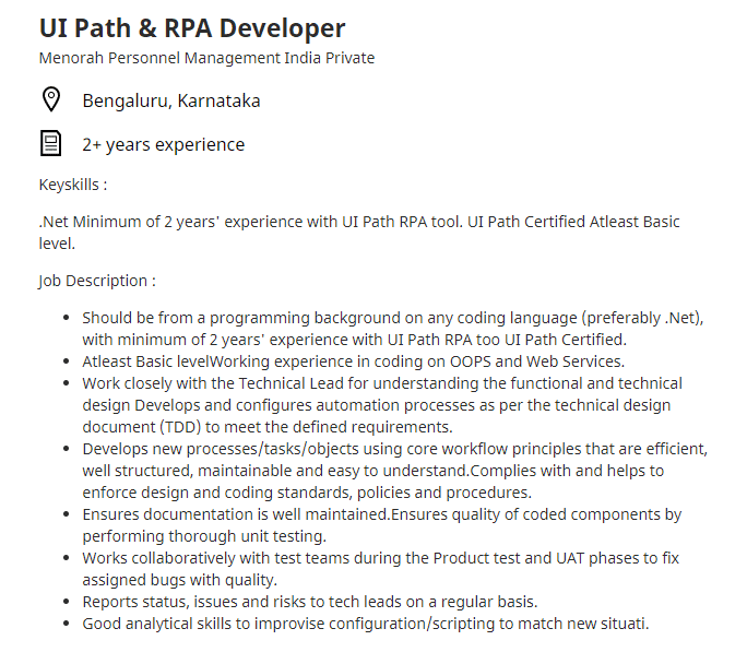 RPA Developer job in Bangalore