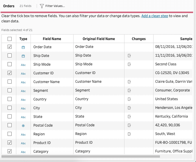 Field Selection in Tableau Prep