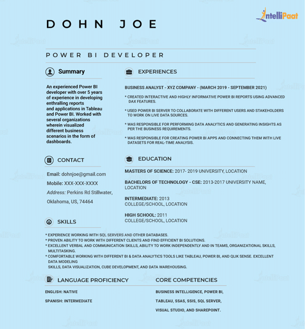 resume samples for power bi