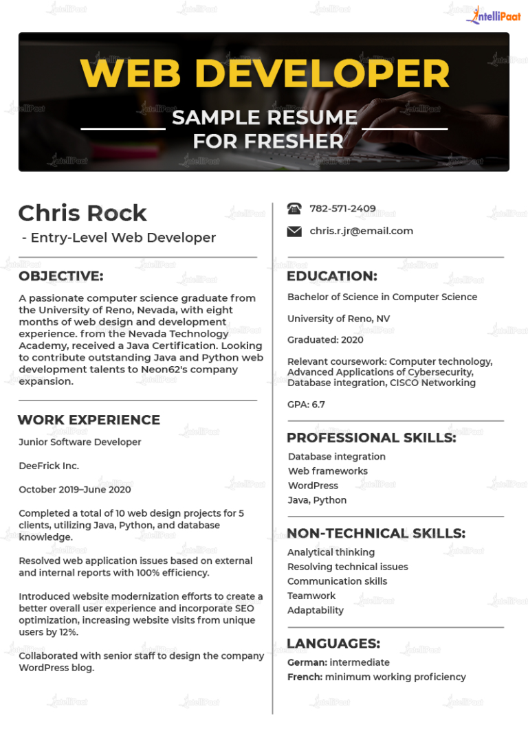 Web Developer Resume Guide With Examples For 2024 Intellipaat   Web Developer Resume For Fresher 768x1067 