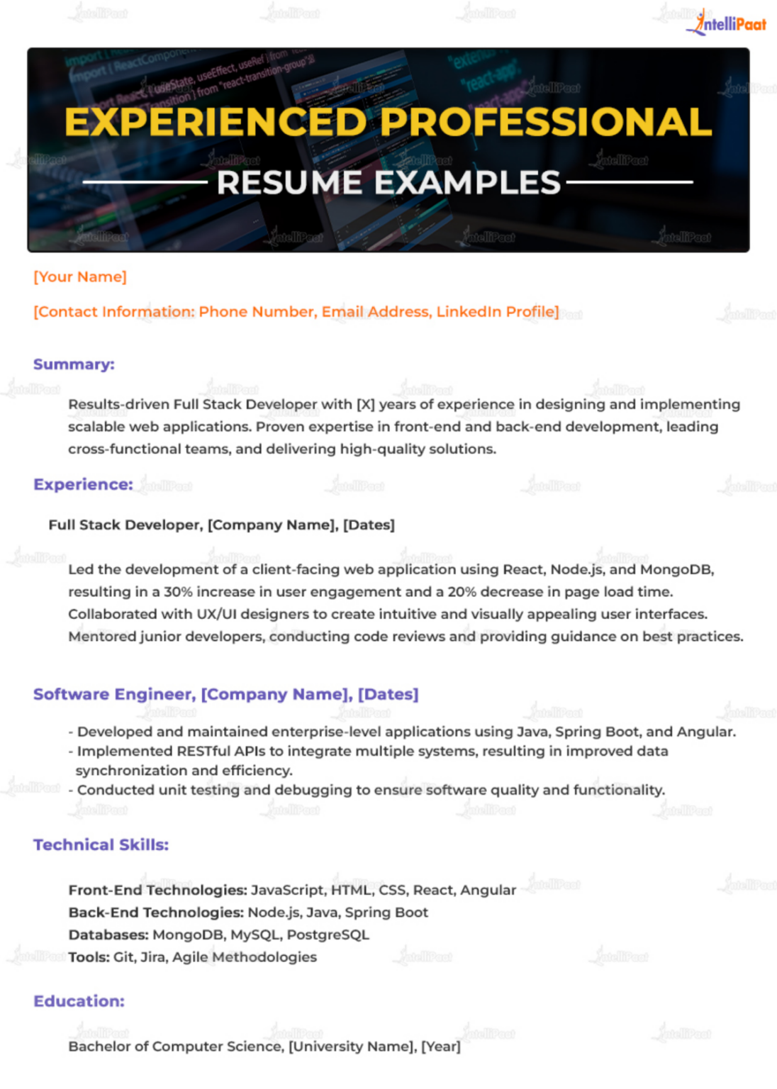 Full Stack Developer Resume Examples for 2025 - Intellipaat