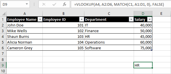 VLOOKUP + MATCH