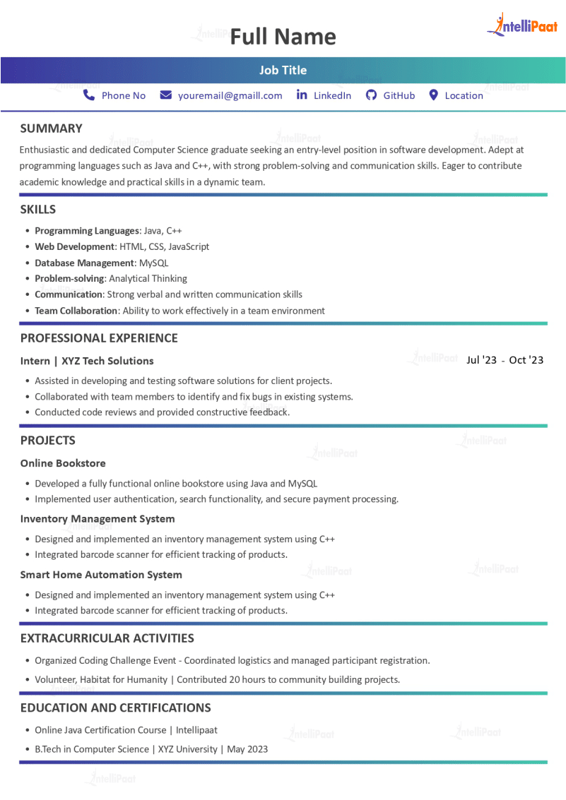 Sample Resume for a Fresher