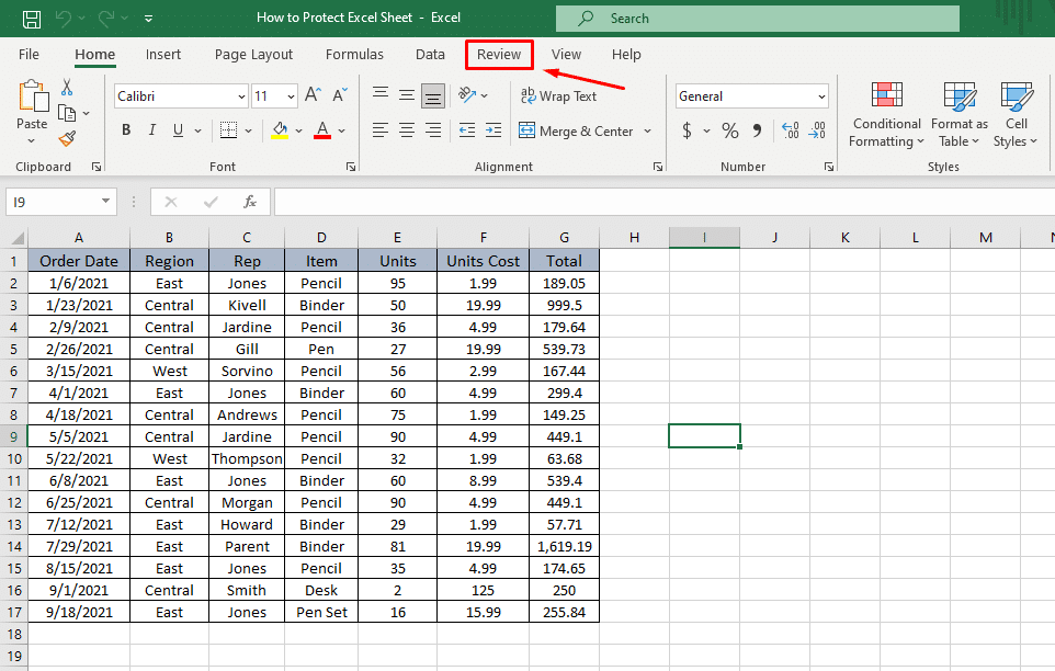 Open Excel file, go to 'Review' tab.