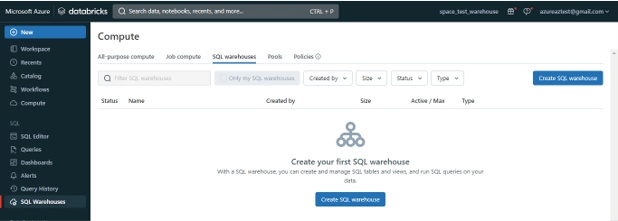 Click on the Create SQL Warehouse to create and manage the database system