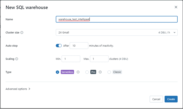 Fill in the (Name, Cluster size, and Types) details for the new SQL warehouse