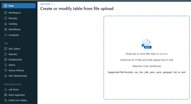 Browse and upload the files to create a table from the data file