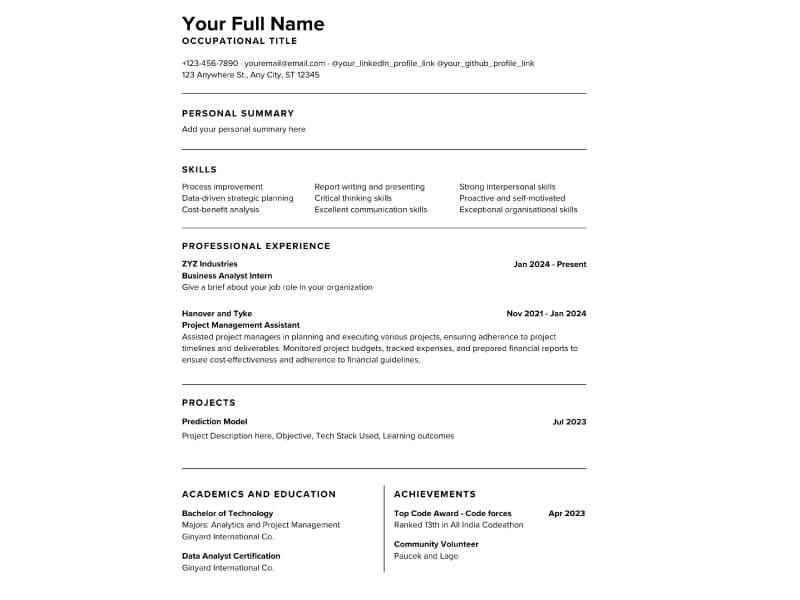 Chronological Resume Format for Freshers