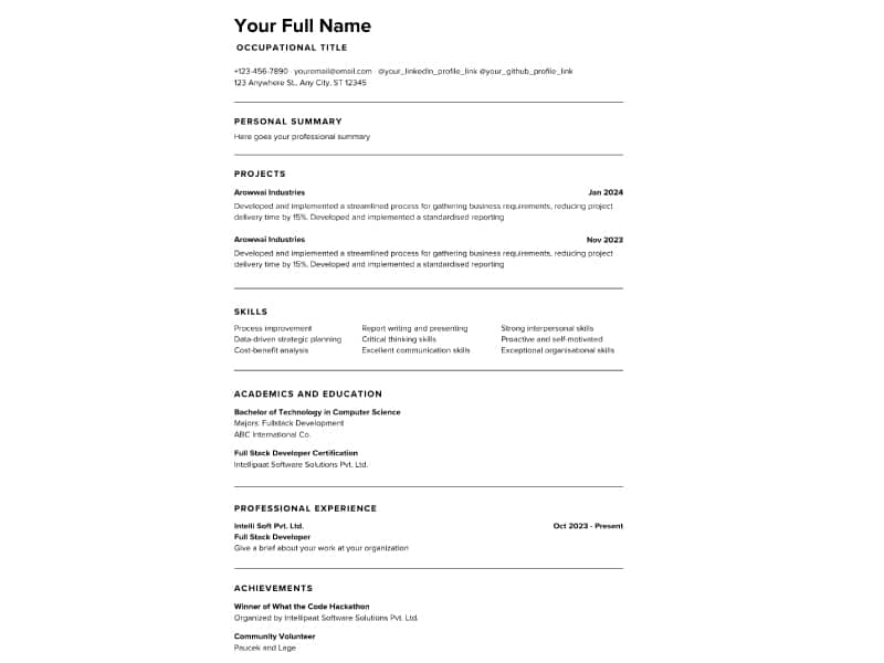 Functional Resume Format for Freshers
