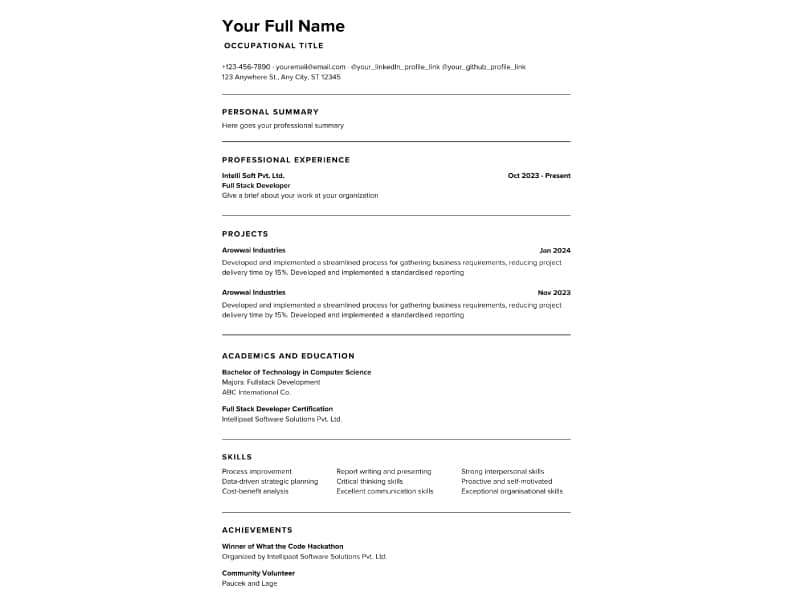 Hybrid Resume Format for Freshers
