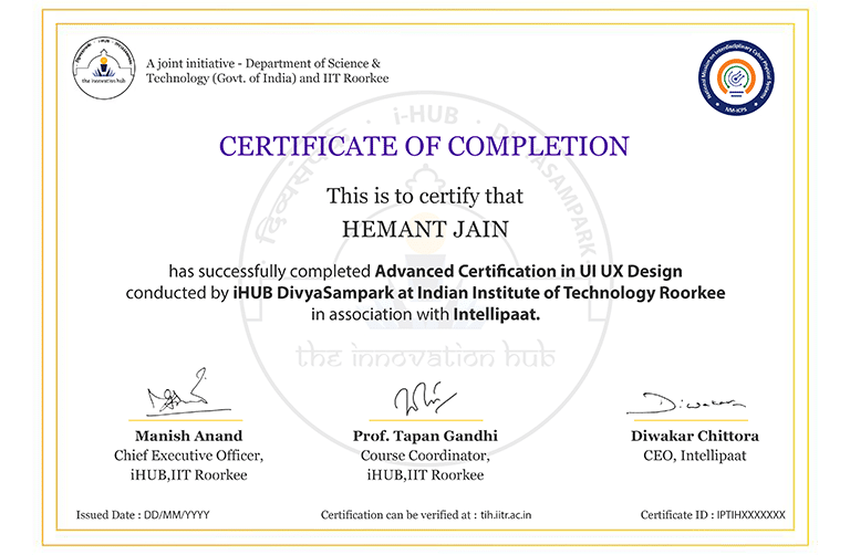 UI UX Design Course iHUB IIT Roorkee Certificate Image