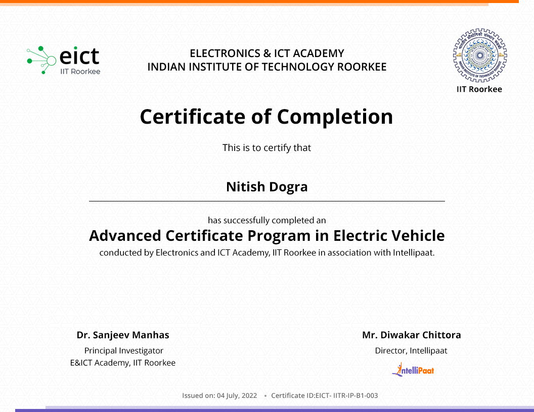 Advanced Certificate Program in Electric Vehicle IIT Roorkee EICT