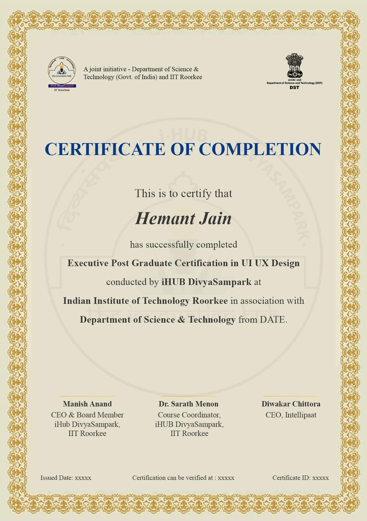Ex. Post Graduate Certification in UI UX Design - iHUB IIT Roorkee