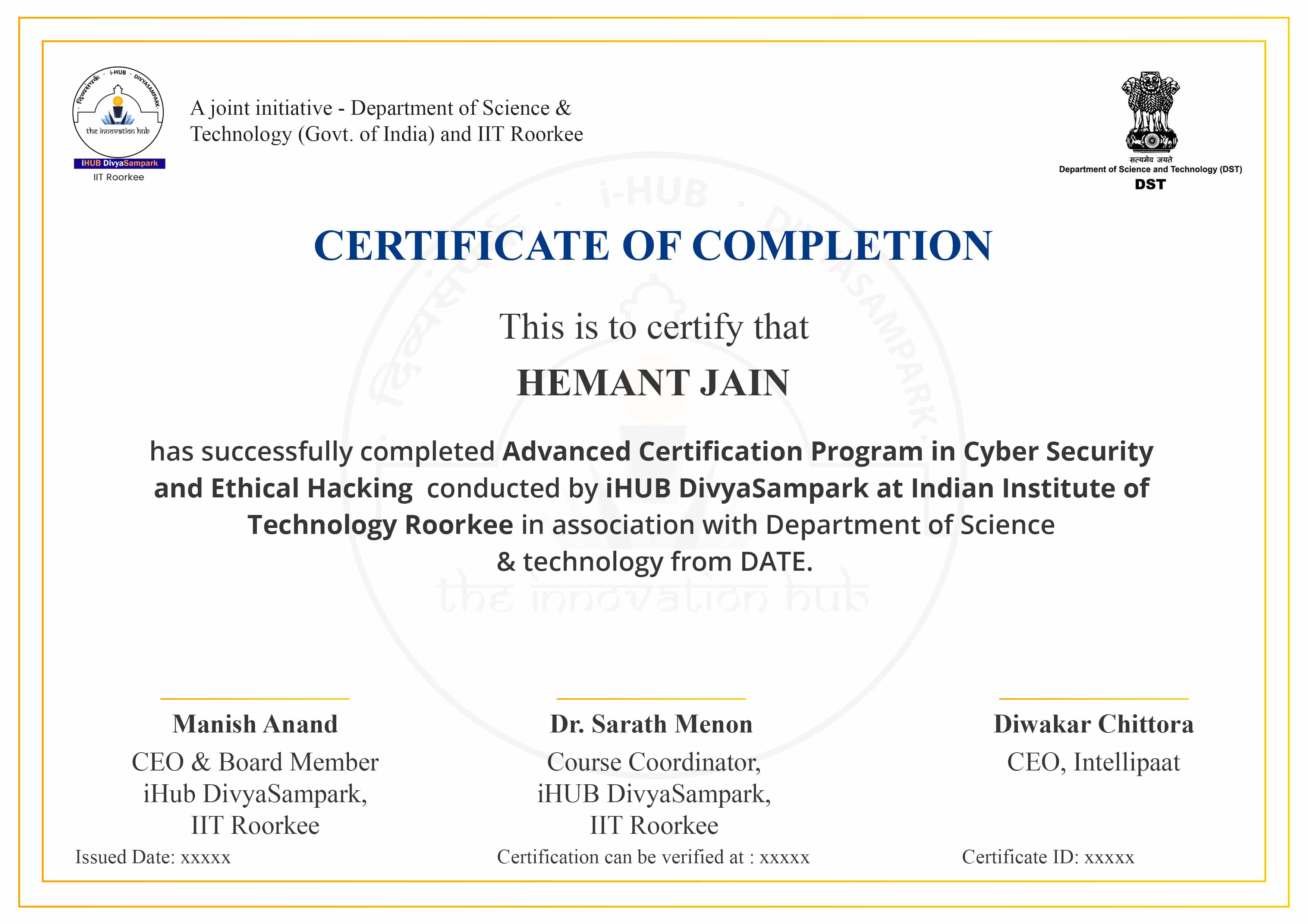 Adv. Certification Cyber Security & Ethical Hacking - IIT Roorkee iHUB