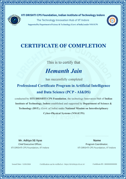 IIT Indore DRISHTI Certificate IIT Indore DRISHTI Certificate