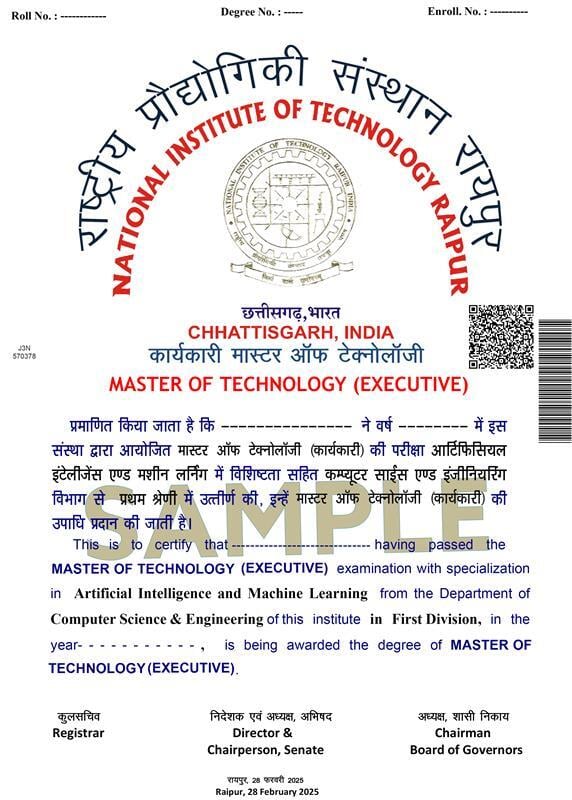 Executive M.Tech in AI ML Certificate Image