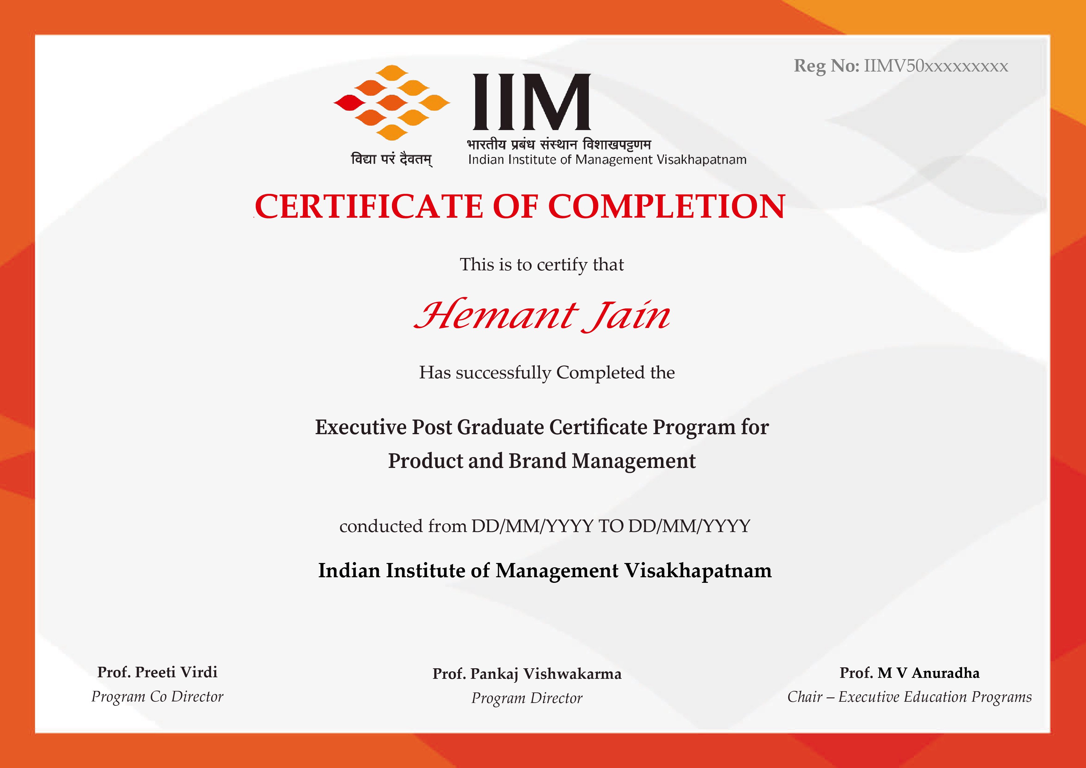 IIM Visakhapatnam Product and Brand Management Course Certificate Image
