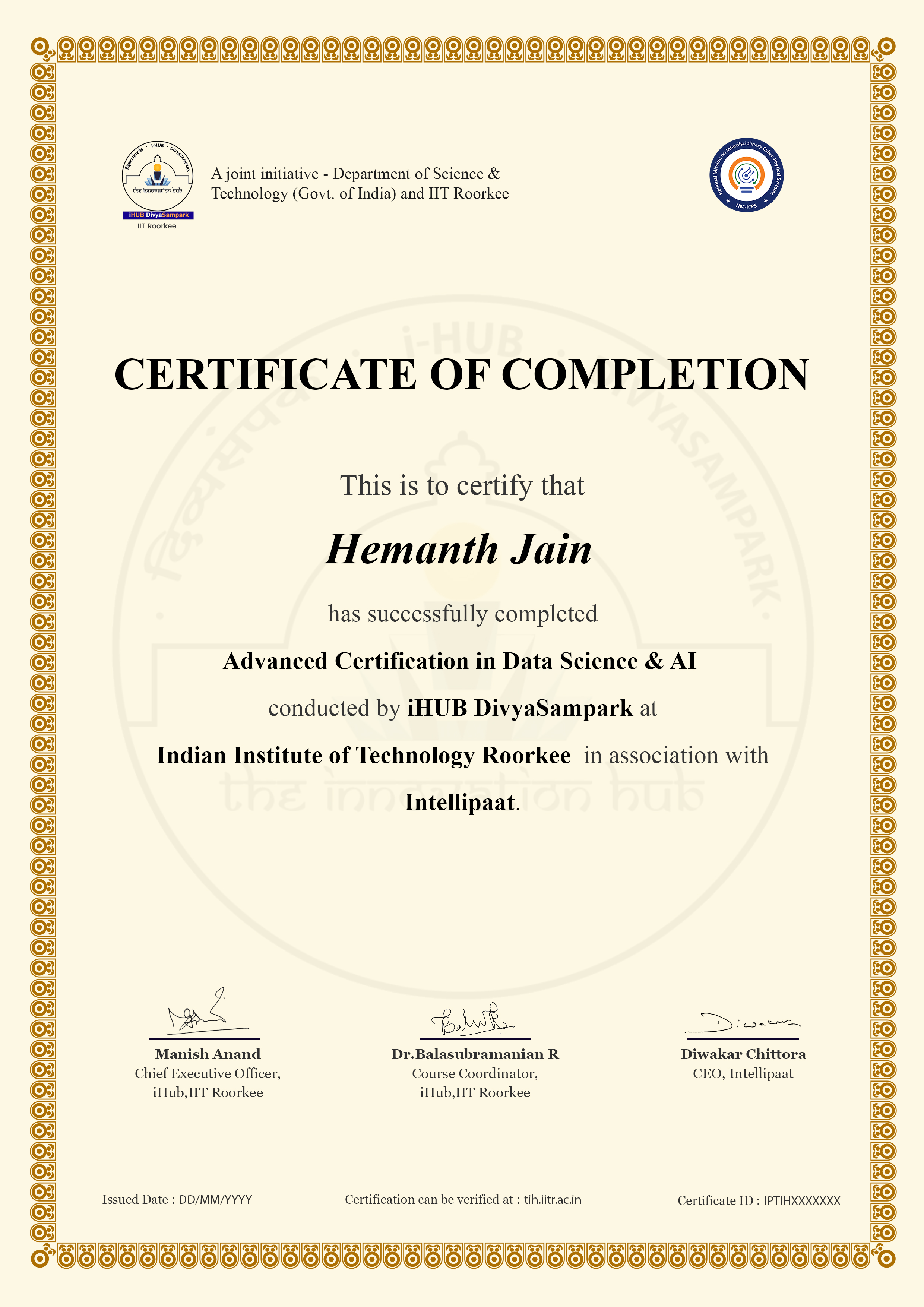 AI Data Science Program from iHub IIT Roorkee Certificate AI Data Science Program from iHub IIT Roorkee Certificate