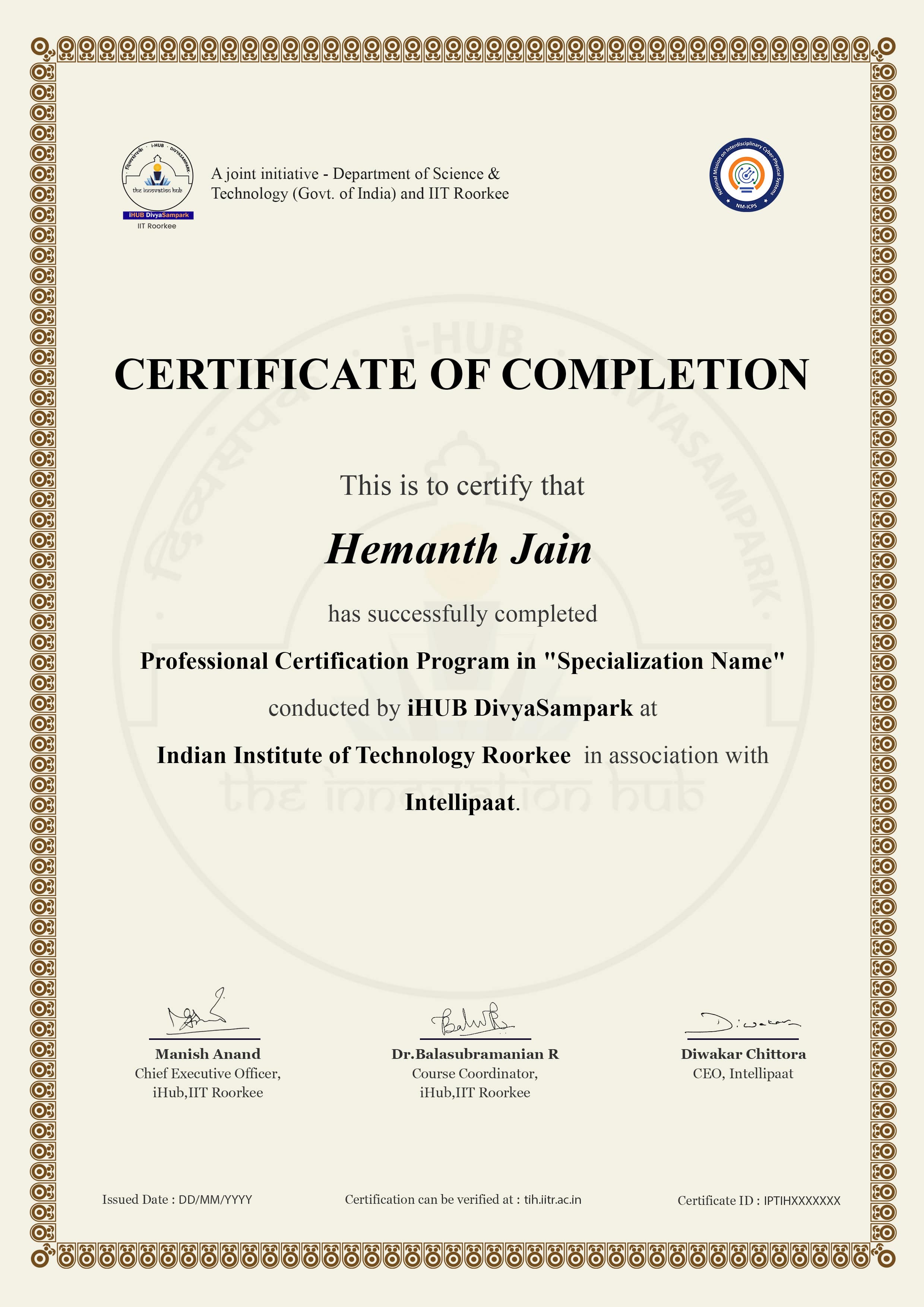 Program in Software Engineering iHub IIT Roorkee Certificate Image