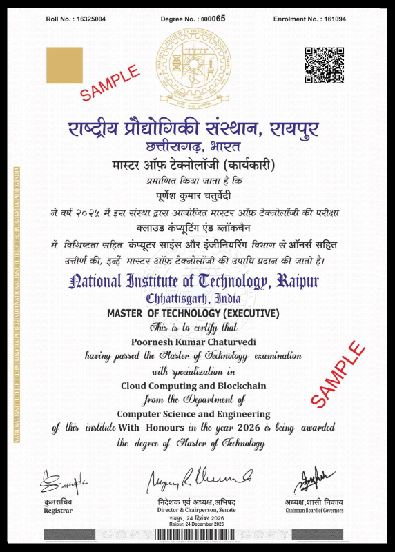 M.Tech in CSE Cloud Computing and Blockchain Certificate