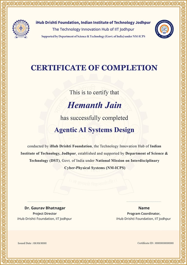 Agentic ai systems design ihub IIT Jodhpur Certificate POP UP Image