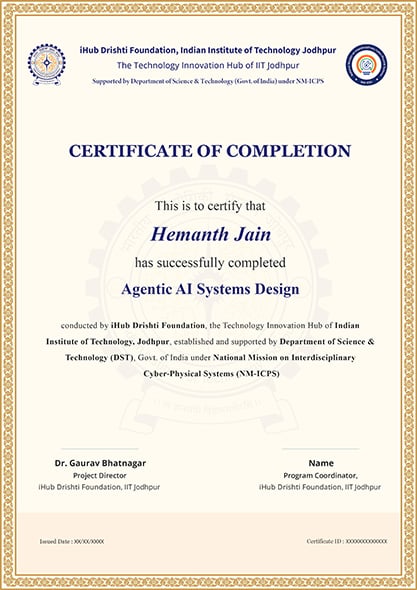 Agentic ai systems design ihub IIT Jodhpur Certificate Sample Image
