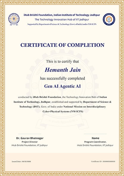 Gen AI Agentic AI ihub IIT Jodhpur Certificate Image