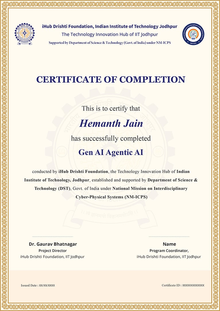 Gen AI Agentic AI ihub IIT Jodhpur Certificate Pop Up Image