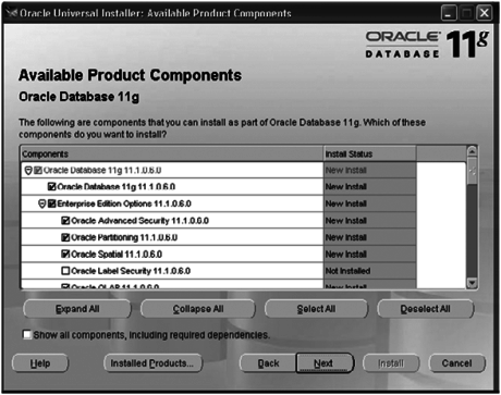 choosing oracle components for installation
