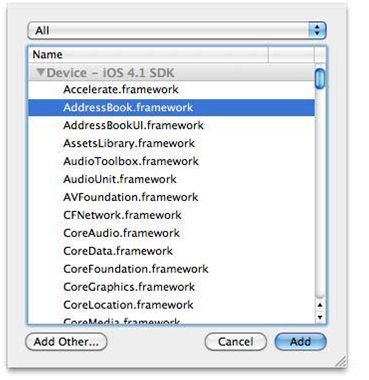 adding addressbook.framework to our target application in xcode